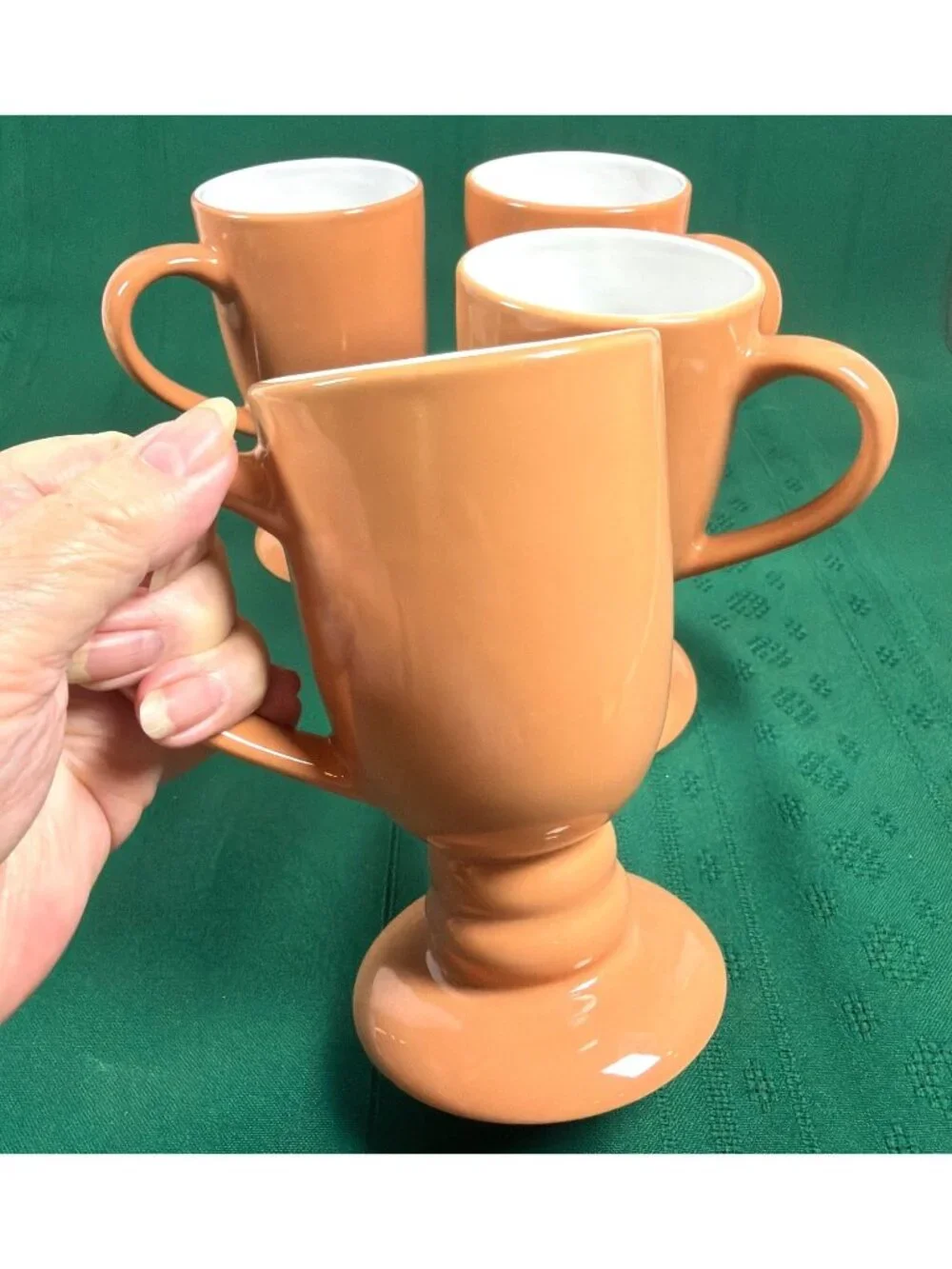 Vintage 80s Terracotta Footed Pedestal Coffee Mugs Set of 4 MCM Irish Coffee Cup